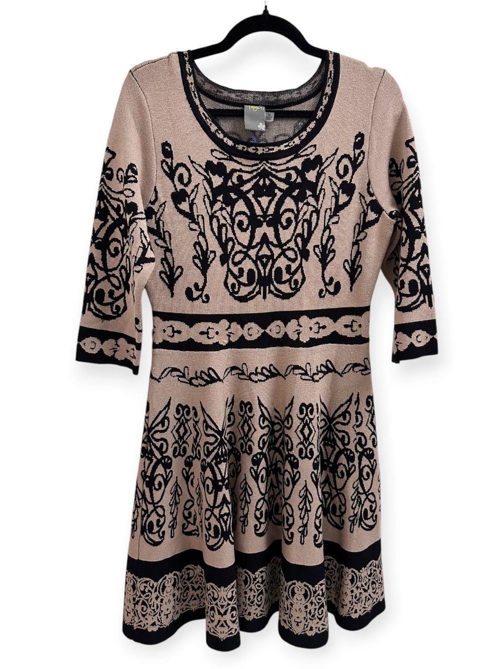 Taylor Beige and Black Patterned Knit Scoop Neck Dress